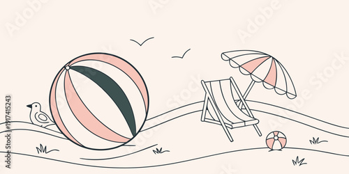A playful scene of a beach ball and an umbrella on a sandy shore