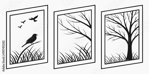 Three black and white drawings of birds and trees in nature
