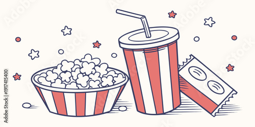 A delightful scene of a large popcorn bucket and a soda cup with a straw.