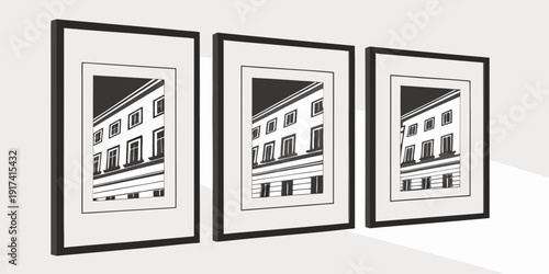 Three framed pictures of a building with a triangular roof and a window