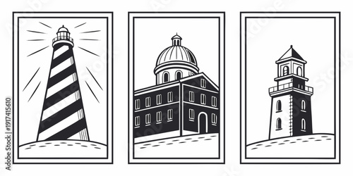 Illustration of a lighthouse, a church, and a tower