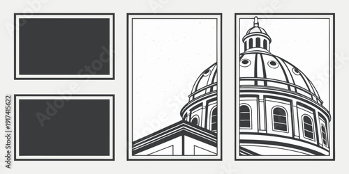 A collection of three distinct images showcasing a black rectangle, a white rectangle, and a dome.