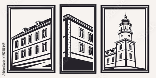Three distinct architectural structures depicted in a minimalist style