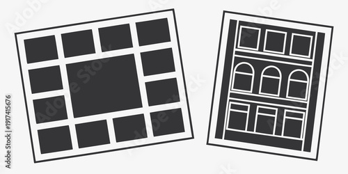 Two abstract artworks featuring geometric shapes and negative space