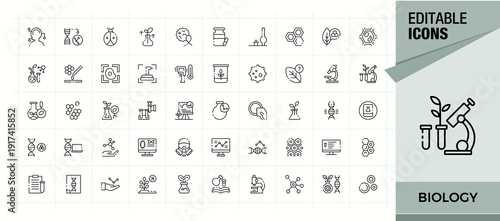 Biology line icon set. Thin line icons set. Editable vector art. Science icon set. Containing experiment, science, scientific, lab, technology, chemistry and more.