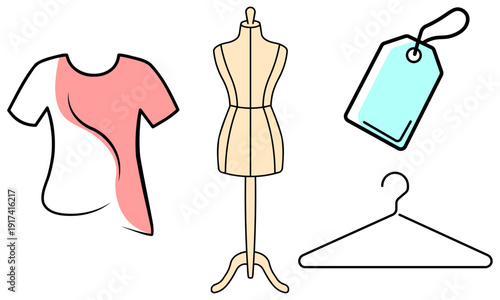 Cute **Fashion and Apparel Shop Icon Set** - Mannequin Torso, T-shirt, Price Tag, and Hanger Vector