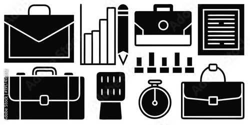Business Icons Set with Briefcases and Charts