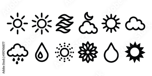 Weather Icons Set, Black Line Art on White