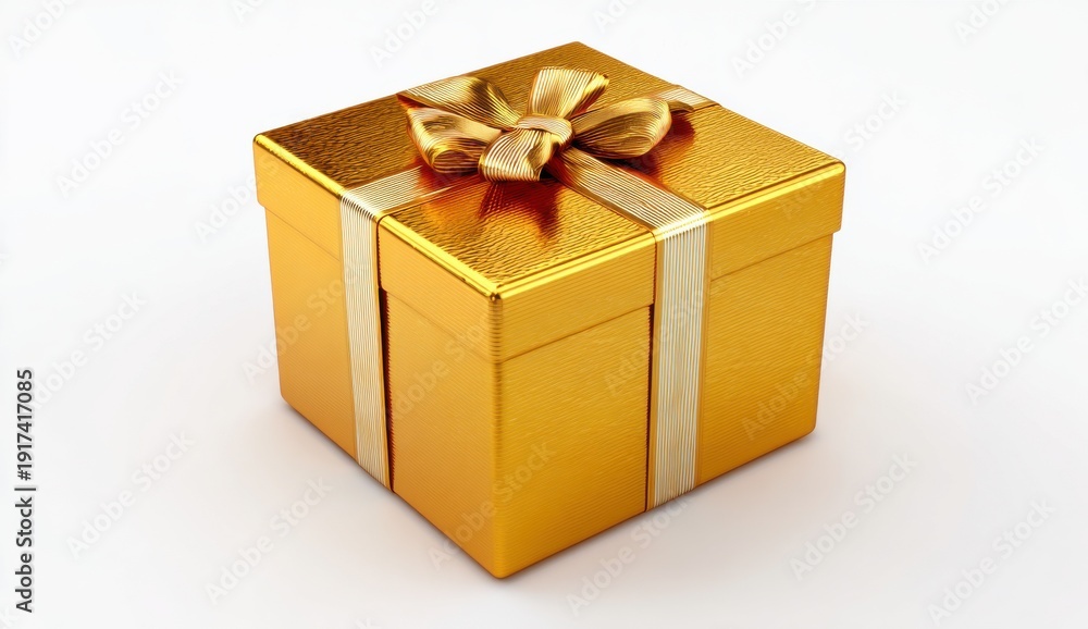 Obraz premium Luxurious Golden Gift Box With Elegant Ribbon And Bow Isolated On White Studio Background