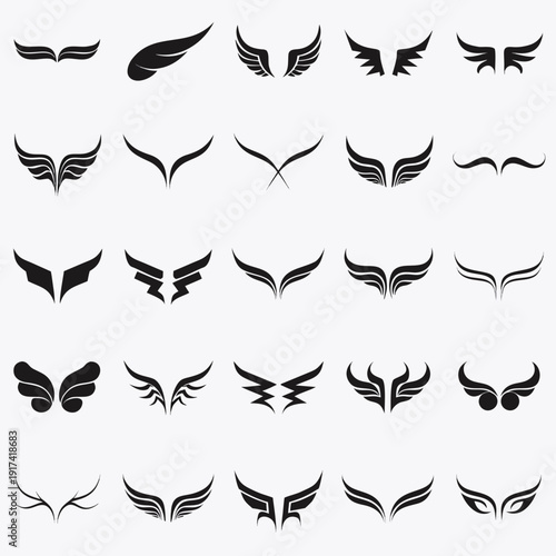 Wings icon collection, simple flat vector wing symbols set, clean minimal style, isolated on white background, web UI design elements 2