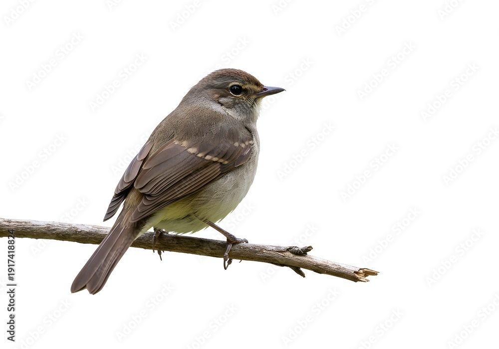 Fototapeta premium Small bird perched on a branch with white background, showing brown plumage and distinctive beak, in a serene and natural pose.