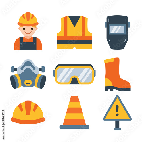 Construction Safety Gear Collection with Helmet Vest Mask Goggles and Boots