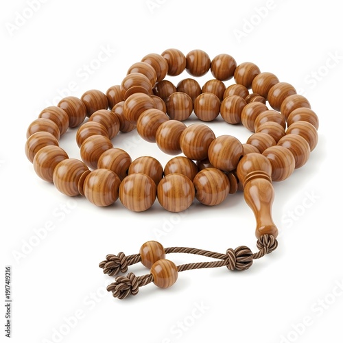 Natural Wooden Prayer Beads Isolated on White Background with Soft Lighting and Tassel Detail