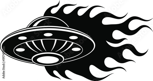 Flaming UFO spaceship flying with fire trail vector illustration, alien saucer icon for sci-fi and speed