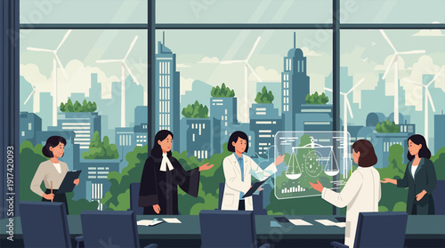 Professionals collaborating in a modern office with futuristic cityscape view Vector, illustration