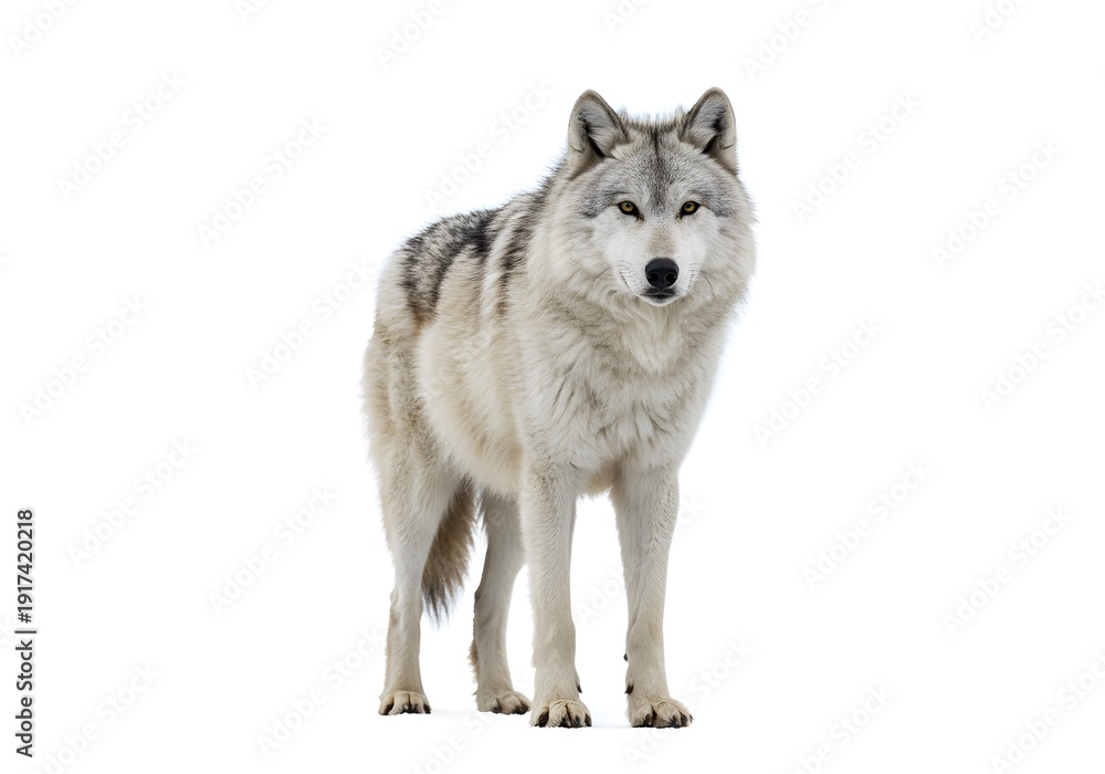 Fototapeta premium Majestic gray wolf standing alertly on a white background, showcasing its thick fur and piercing gaze.