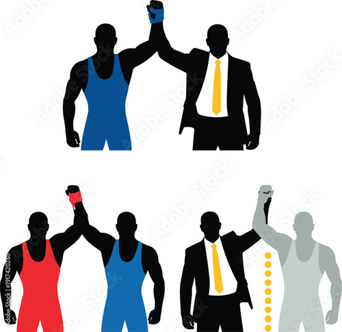 Referee raising winning wrestlers arm in competition, sports victory celebration with blue red and grey singlets, flat vector illustration isolated