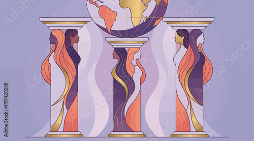 Abstract artistic pillars with intertwined human figures and geometric patterns Vector, illustration