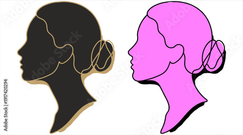 Silhouettes of a woman with gold and pink hairstyle accents and earrings Vector, illustration