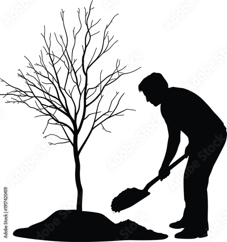Silhouette of a man planting a young tree with a shovel, environmental conservation and reforestation concept, flat vector illustration
