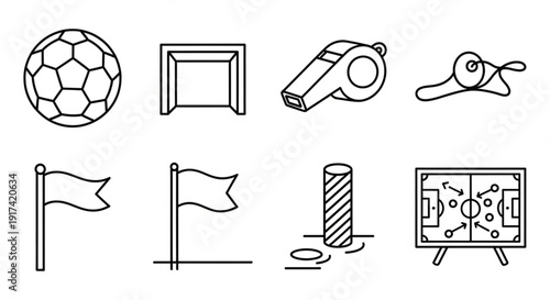 Soccer Essentials Line Icon Pack – Ball, Goal, Whistles, Corner Flags & Coach Tactics Board