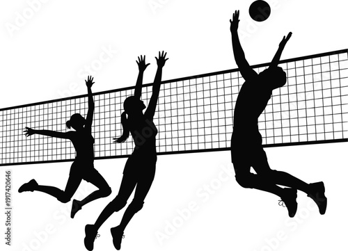 Silhouette of volleyball players jumping high to block and spike the ball over the net during match, flat vector illustration