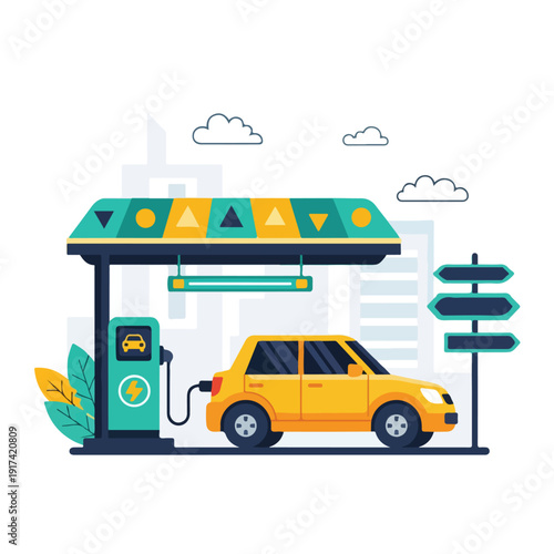 Cartoon illustration of a yellow car refueling at a colorful gas station with a cityscape in the background and a cute dragon design on the pump, conveying a cheerful mood.
