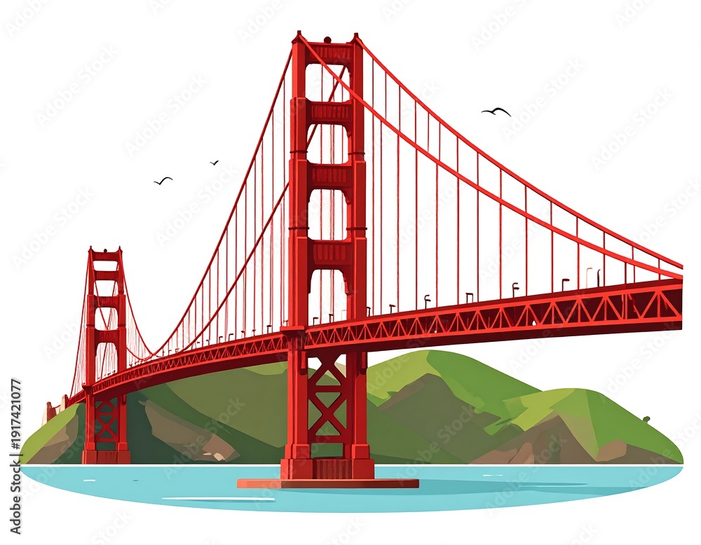 Fototapeta premium Iconic red suspension bridge spans the water under blue skies