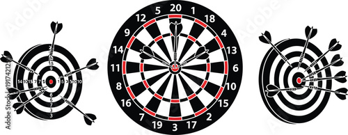 Set of three black and white dartboard illustrations with flying darts showing various levels of accuracy precision and target hitting.