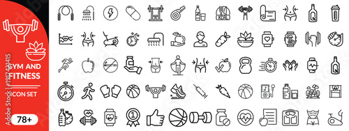 Gym and fitness icon set. Containing healthy lifestyle, weight training, body care and workout or exercise equipment icons. Solid icons vector