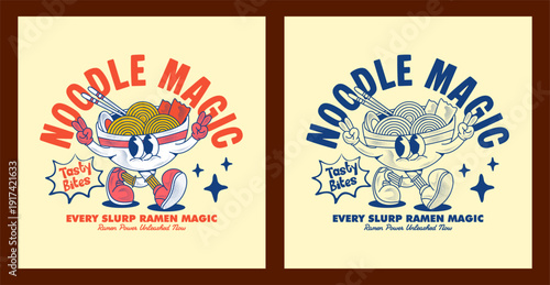 Vintage ramen bowl mascot illustration in cartoon style. Perfect for t shirt, sticker, streetwear, urban design, and food branding