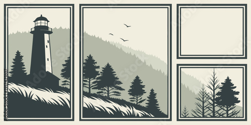 A serene lighthouse standing tall on a cliff overlooking a tranquil forest landscape.