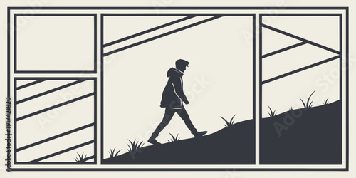 A person walking up a hill with a backpack and a walking stick.