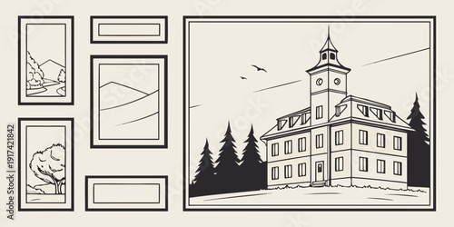 A detailed illustration of a grand building with a clock tower surrounded by trees.