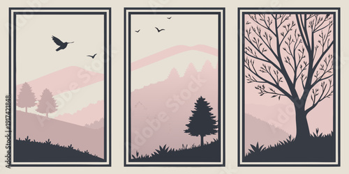 A serene window view of a tree with birds in flight and a full moon