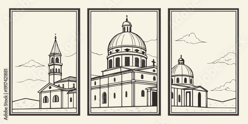 Three distinct architectural structures illustrated in a minimalist line drawing style