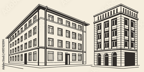 Two tall buildings with unique architectural designs standing side by side.