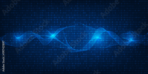 Vector illustration of a wave wireframe flying on the binary code blue background.