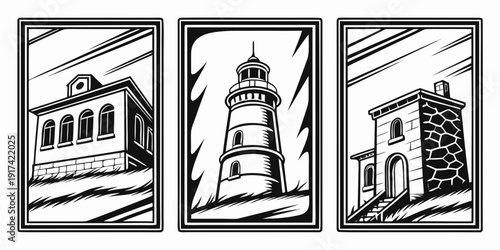 A serene depiction of a lighthouse, a castle, and a church in a picturesque landscape.