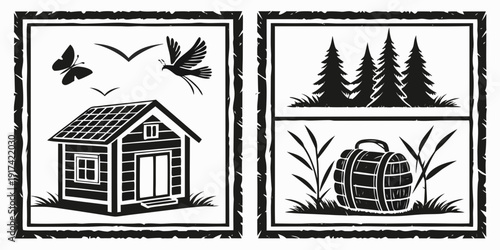 A serene countryside scene with a cozy house and a tranquil forest