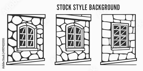 Three distinct window designs set against a stone background