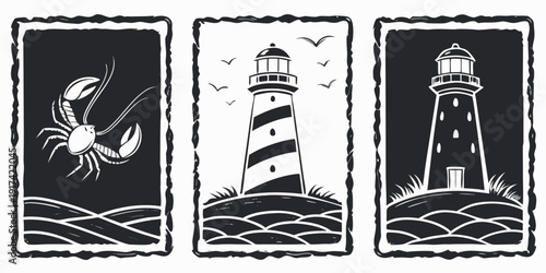 Three distinct scenes featuring a bird, a lighthouse, and a sailboat on the sea