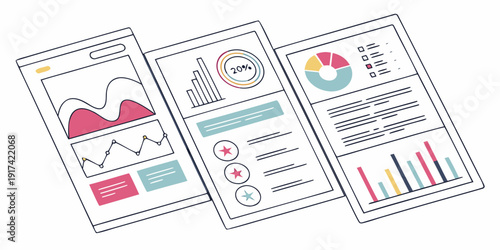 Three mobile phone screens displaying various data visualizations and graphs.