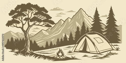 A serene campsite nestled in the heart of a lush forest with majestic mountains in the background