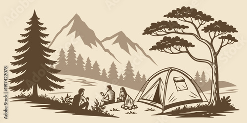 A group of people enjoying a camping trip in a beautiful mountainous landscape