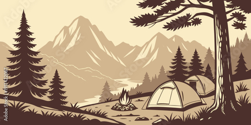 A serene campsite nestled in a lush forest with majestic mountains in the background
