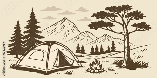 A serene campsite nestled in the heart of a lush forest with majestic mountains in the background.