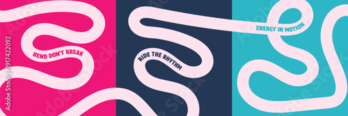 Bold Abstract Motivational Poster Set with Flowing Curved Lines and Bend Dont Break Ride the Rhythm Energy in Motion