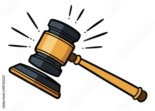 Illustrated gavel striking with radiant burst Vector