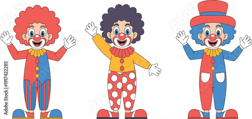 Funny cartoon clown vector character set, happy circus performers with colorful wigs for birthday party design
